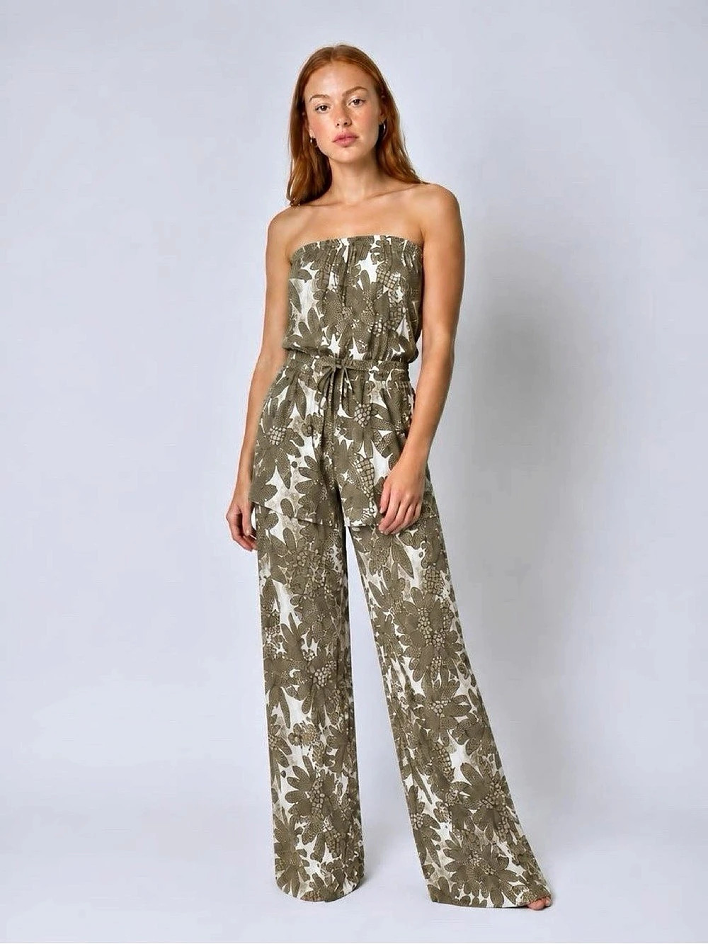 Lulus Raine Olive Green Print Strapless Jumpsuit
